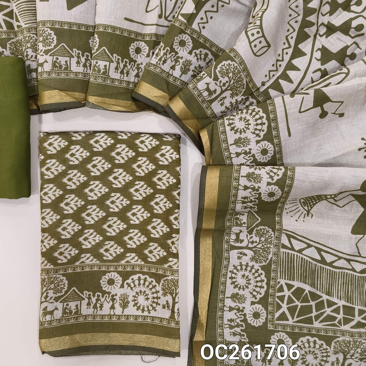 Olive green silk cotton unstitched salwar material,digital printed all over,(lining needed)spun cotton bottom, warli full length silk cotton dupatta with tissue borders. OC261706