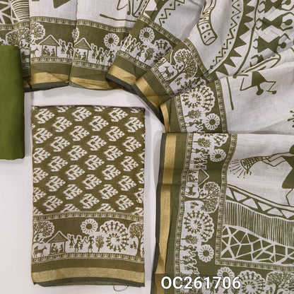 Olive green silk cotton unstitched salwar material,digital printed all over,(lining needed)spun cotton bottom, warli full length silk cotton dupatta with tissue borders. OC261706
