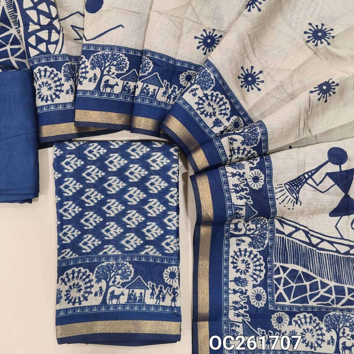 Dark blue silk cotton unstitched salwar material,digital printed all over,(lining needed)spun cotton bottom, warli full length silk cotton dupatta with tissue borders. OC261707