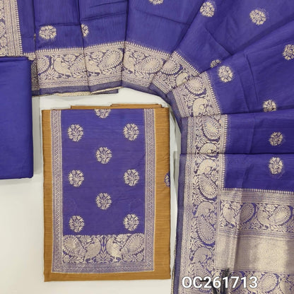Honey brown benarasi zari woven premium silk cotton unstitched salwar material,buttas on front, zari weaving on yoke, rich daman(Lightweight, Lining Needed)violet silky bottom, benarasi zari woven silk cotton dupatta with borders. OC261713