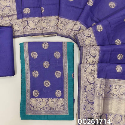 Turquoise green benarasi zari woven premium silk cotton unstitched salwar material,buttas on front, zari weaving on yoke, rich daman(Lightweight, Lining Needed)violet silky bottom, benarasi zari woven silk cotton dupatta with borders. OC261714
