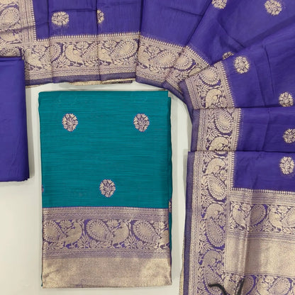 Turquoise green benarasi zari woven premium silk cotton unstitched salwar material,buttas on front, zari weaving on yoke, rich daman(Lightweight, Lining Needed)violet silky bottom, benarasi zari woven silk cotton dupatta with borders. OC261714