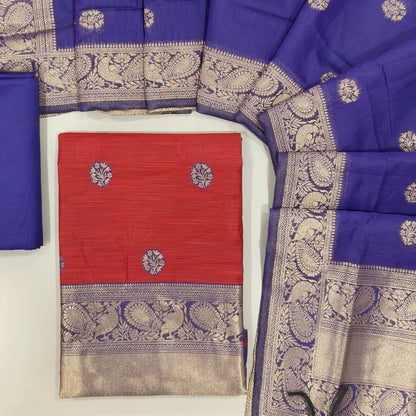 Maroon benarasi zari woven premium silk cotton unstitched salwar material,buttas on front, zari weaving on yoke, rich daman(Lightweight, Lining Needed)violet silky bottom, benarasi zari woven silk cotton dupatta with borders. OC261715