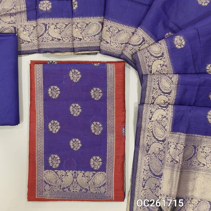 Maroon benarasi zari woven premium silk cotton unstitched salwar material,buttas on front, zari weaving on yoke, rich daman(Lightweight, Lining Needed)violet silky bottom, benarasi zari woven silk cotton dupatta with borders. OC261715