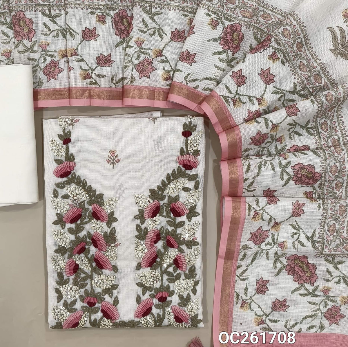 Off white premium linen salwar material, embroidery and sequins work on yoke, printed all over,(PINK) (textured, lining needed)spun cotton bottom, digital printed premium linen dupatta. OC261708