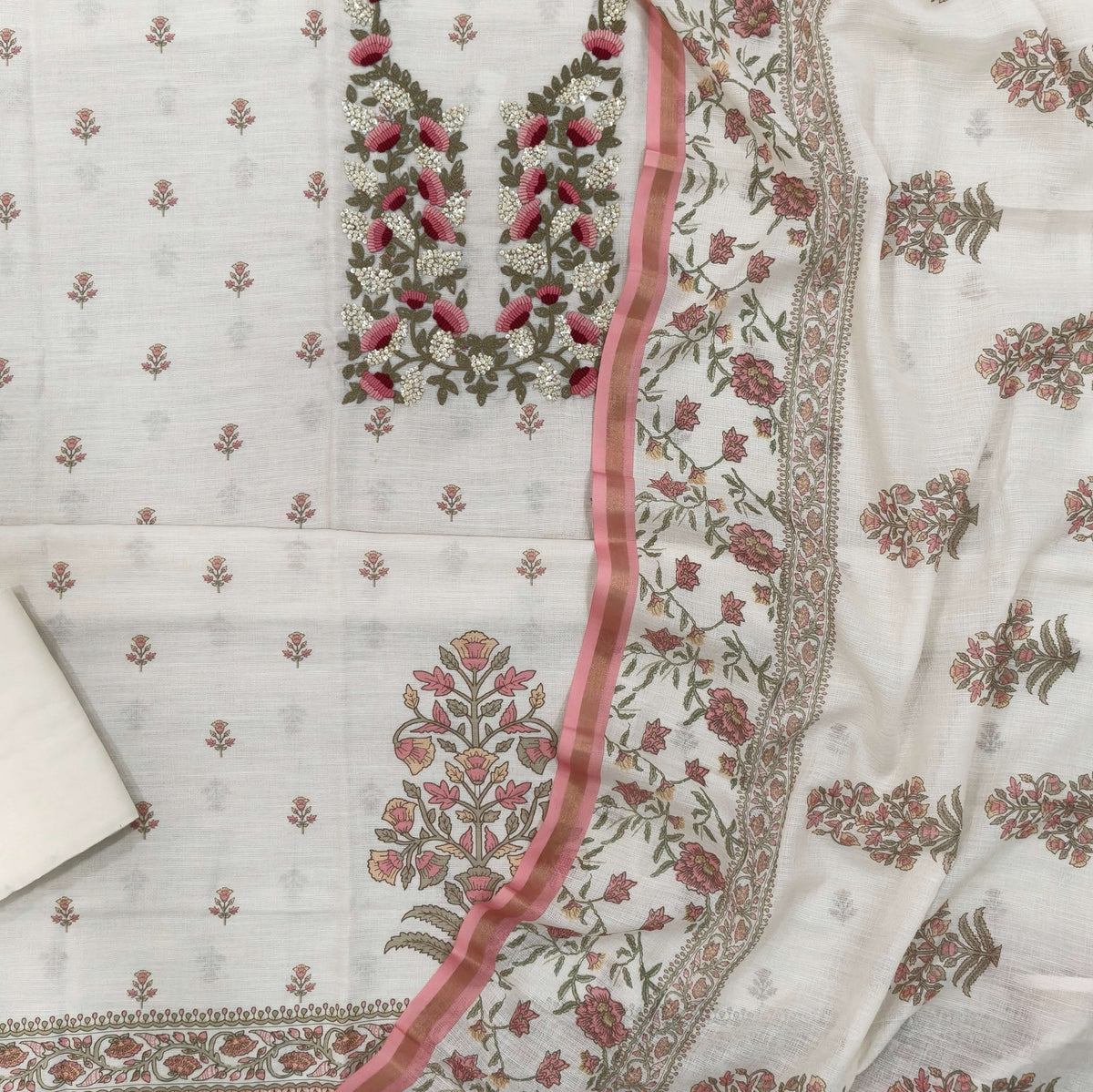 Off white premium linen salwar material, embroidery and sequins work on yoke, printed all over,(PINK) (textured, lining needed)spun cotton bottom, digital printed premium linen dupatta. OC261708