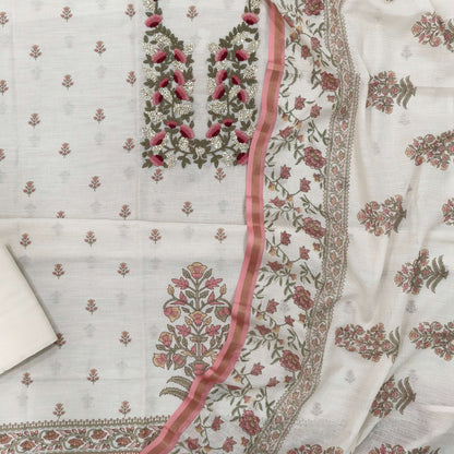 Off white premium linen salwar material, embroidery and sequins work on yoke, printed all over,(PINK) (textured, lining needed)spun cotton bottom, digital printed premium linen dupatta. OC261708