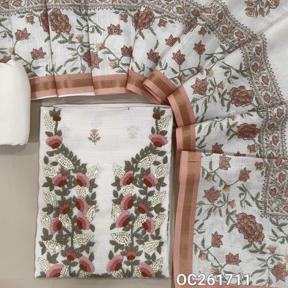 Off white premium linen salwar material, embroidery and sequins work on yoke, printed all over,(PEACHISH PINK) (textured, lining needed)spun cotton bottom, digital printed premium linen dupatta. OC261711