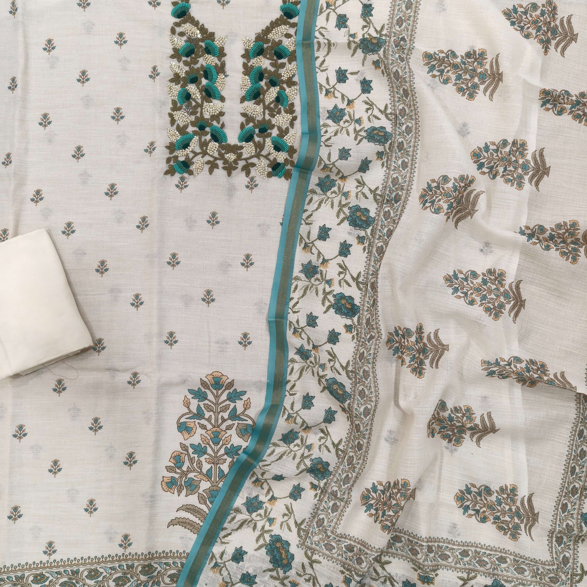 Off white premium linen salwar material, embroidery and sequins work on yoke, printed all over,(PASTEL BLUE) (textured, lining needed)spun cotton bottom, digital printed premium linen dupatta. OC261709