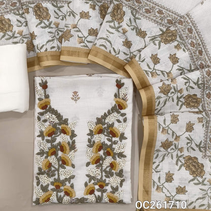 Off white premium linen salwar material, embroidery and sequins work on yoke, printed all over,(PASTEL YELLOW) (textured, lining needed)spun cotton bottom, digital printed premium linen dupatta. OC261710