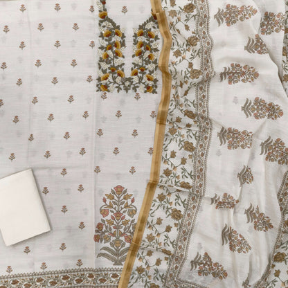 Off white premium linen salwar material, embroidery and sequins work on yoke, printed all over,(PASTEL YELLOW) (textured, lining needed)spun cotton bottom, digital printed premium linen dupatta. OC261710