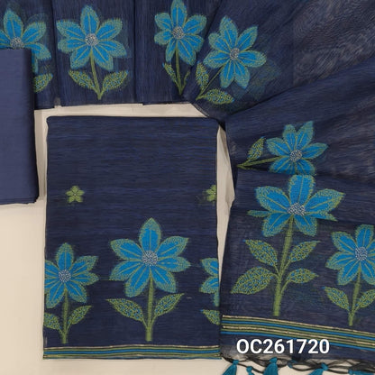 Dark blue jamdani woven premium tussar unstitched salwar material,buttas on front,rich weaving daman,(BLUE) (Thin, textured, lining needed)silk cotton bottom, buttas on full length tussar jamdani dupatta with rich pallu and tassles. OC261720
