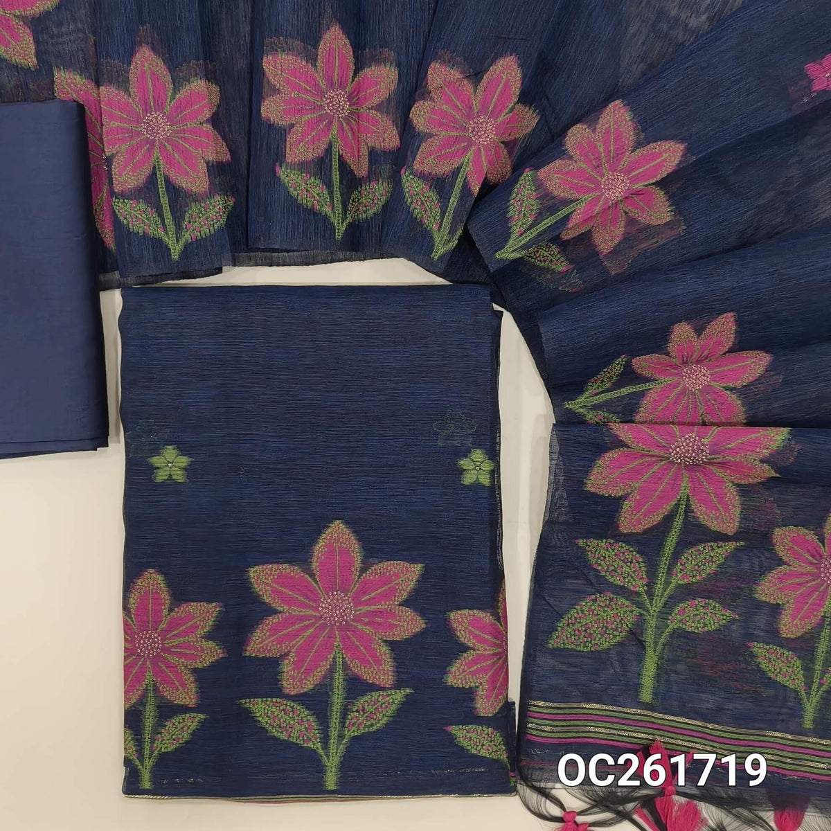 Dark blue jamdani woven premium tussar unstitched salwar material,buttas on front,rich weaving daman,(PINK) (Thin, textured, lining needed)silk cotton bottom, buttas on full length tussar jamdani dupatta with rich pallu and tassles. OC261719