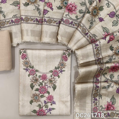 Rich beige semi tussar unstitched salwar material,printed yoke with sugar bead work, zari buttas all over, (lining needed)spun cotton bottom, digital printed semi tussar dupatta with zari borders. OC261718