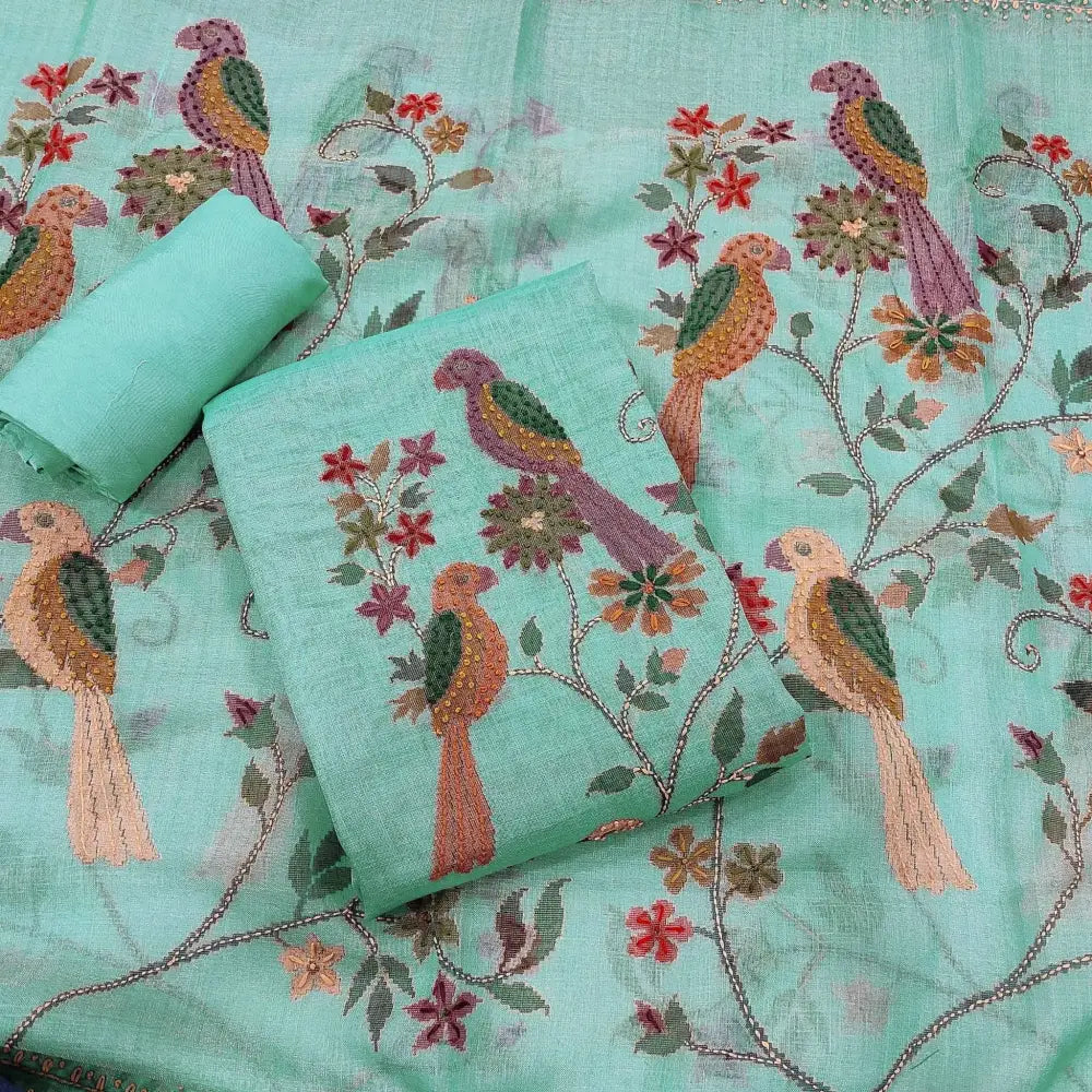 Pastel blue with golden tint digital printed tissue linen unstitched salwar material v neck thread work