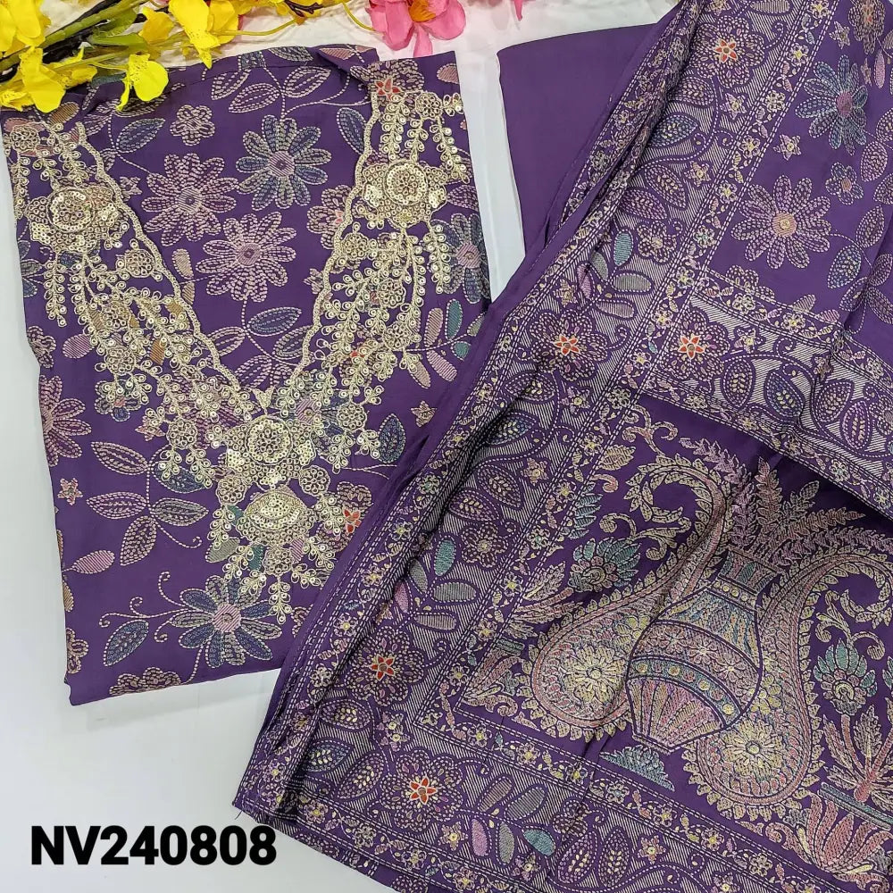 CODE NV240808: Purple printed premium silk cotton unstitched salwar material v neck with heavy zari& sequins