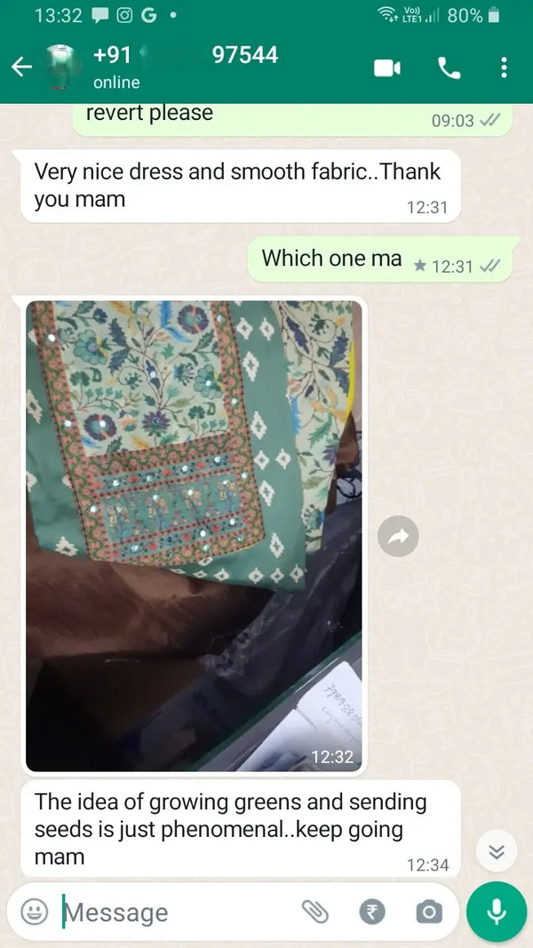 Very nice dress and smooth fabric thank yom mam . the idea of growing greens and sending seeds is just phenomenal keep going mam.