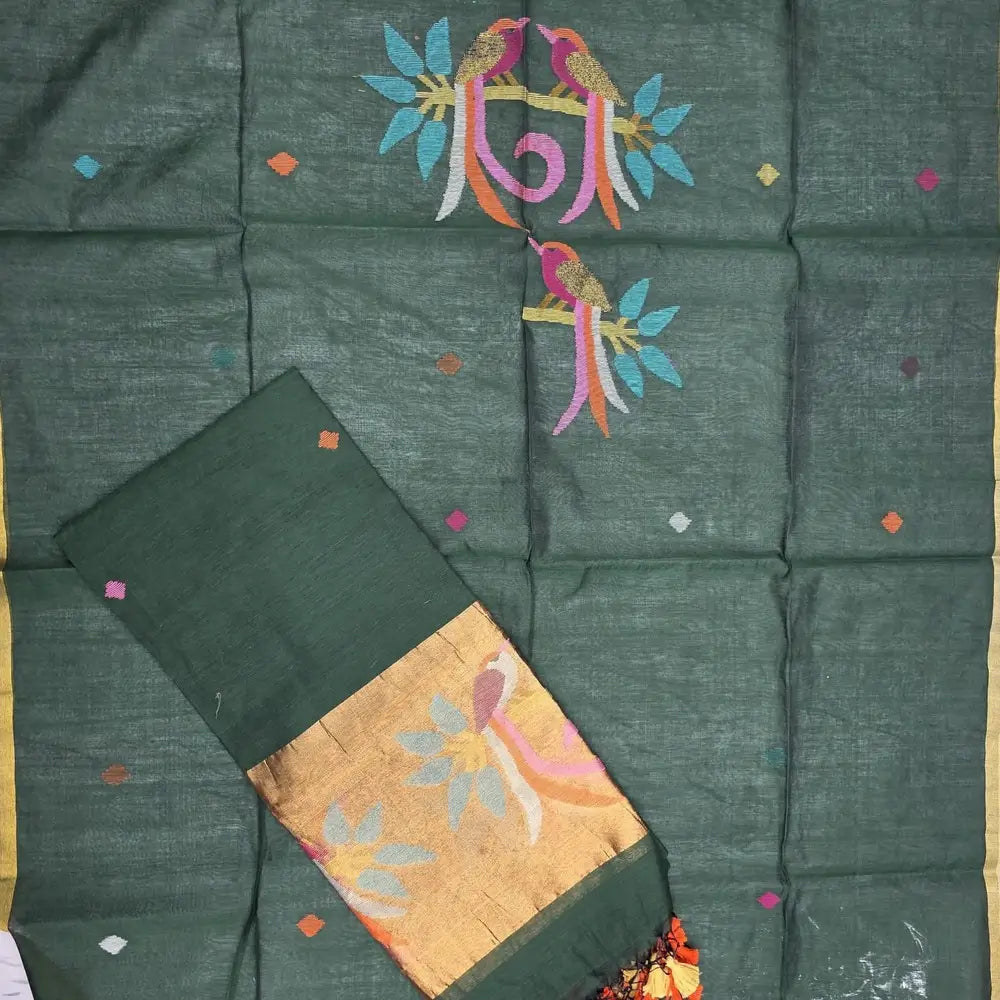 PREORDER: SHIPPING AFTER 1 WEEK Bottle green muslin jamdani unstitched salwar material, thread weaving on yoke& front(thin, lining needed)NO BOTTOM, muslin jamdani full length dupatta with gold tissue pallu& paithani weaving. CODE SP250533