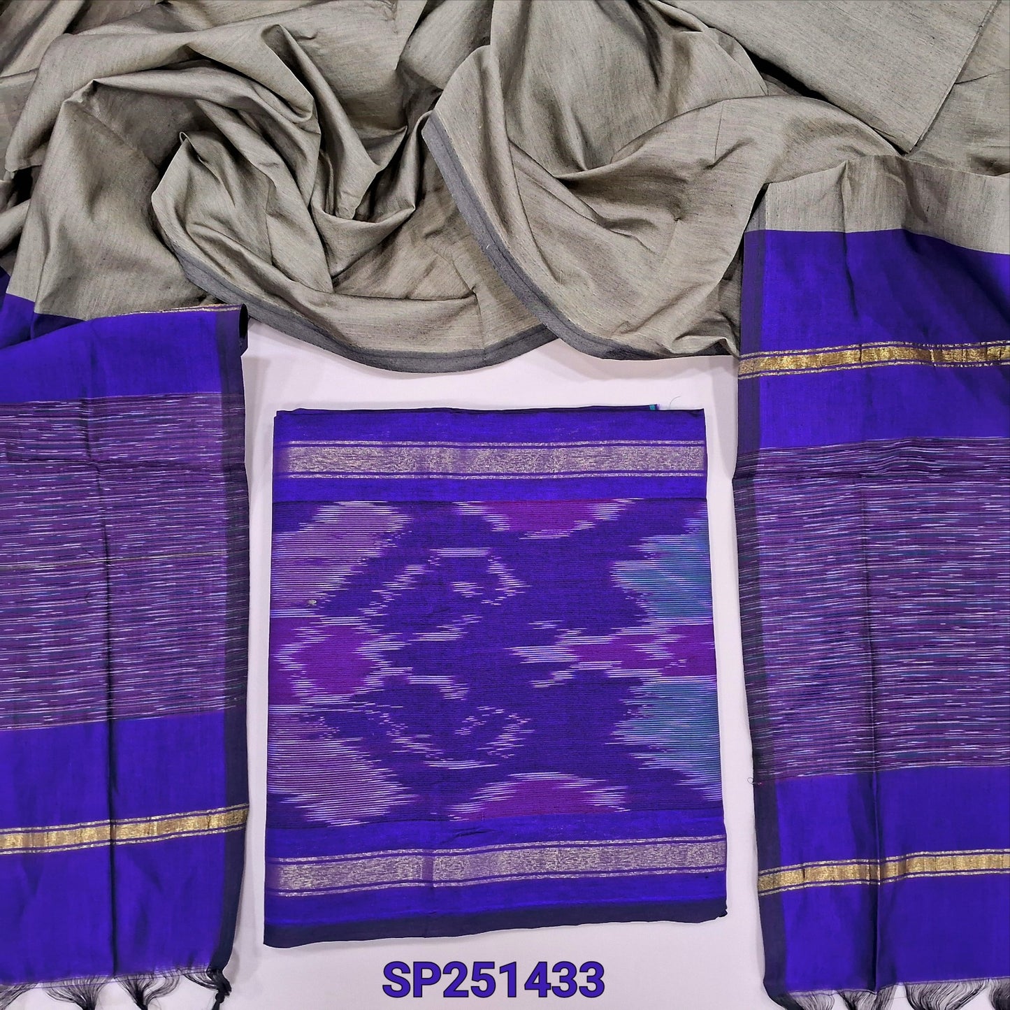 Blue silk cotton unstitched salwar material, thread woven design on daman(lining needed) Grey cotton bottom, dual shaded silk cotton dupatta. SP251433