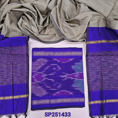 Blue silk cotton unstitched salwar material, thread woven design on daman(lining needed) Grey cotton bottom, dual shaded silk cotton dupatta. SP251433
