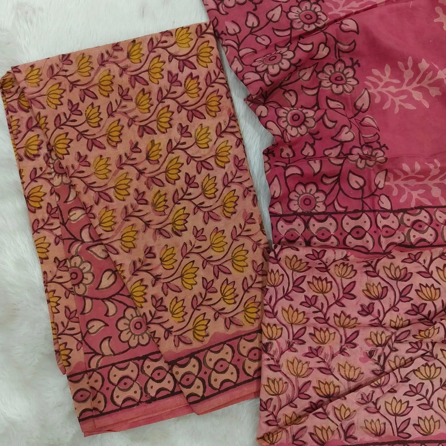 Peachish pink Handblock printed bagru unstitched salwar material, printed cotton bottom and printed cotton dupatta. TAPINGS NEEDED, INCONSISTENCY IN PRINTS, DYES and STAINS are not considered as defects as they are authentic block printed pieces. MY261324
