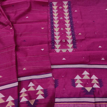 CODE FB250602: Dark beetroot purple jamdani woven premium silk cotton unstitched salwar material thread& sequins work