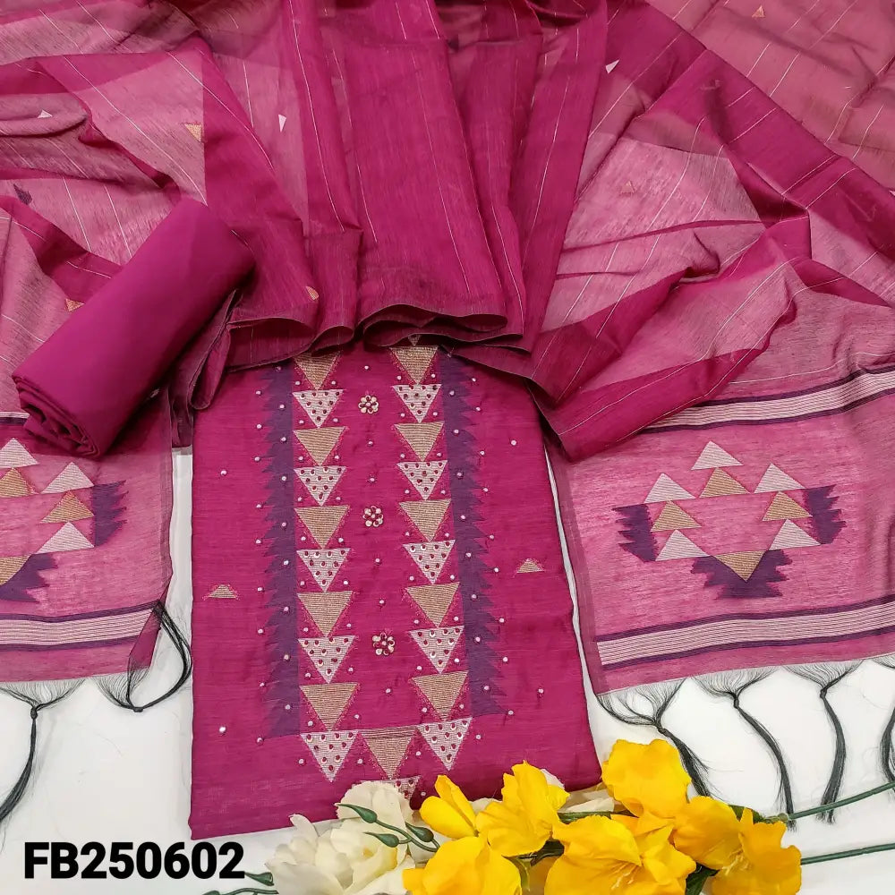 CODE FB250602: Dark beetroot purple jamdani woven premium silk cotton unstitched salwar material thread& sequins work