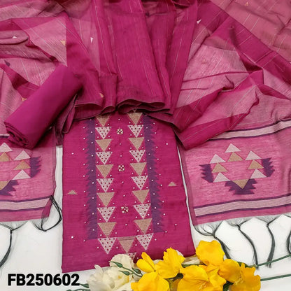 CODE FB250602: Dark beetroot purple jamdani woven premium silk cotton unstitched salwar material thread& sequins work