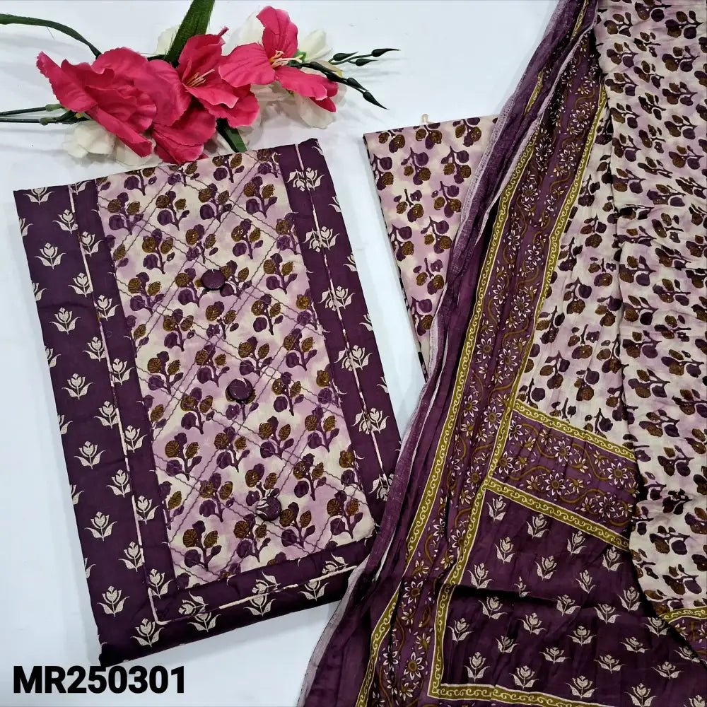 CODE MR250301: Dark beetroot purple printed cotton unstitched salwar material fancy buttons on yoke(lining