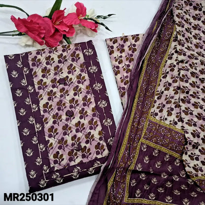 CODE MR250301: Dark beetroot purple printed cotton unstitched salwar material fancy buttons on yoke(lining