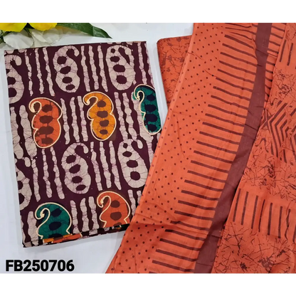 CODE FB250706: Beetroot purple original wax batik dyed pure cotton unstitched salwar material(lining needed)orange