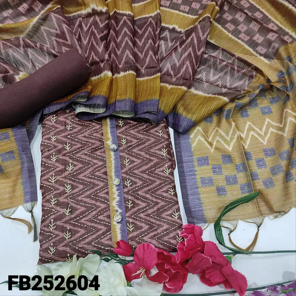 CODE FB252604: Dark beetroot purple base designer zigzag printed premium jute silk unstitched salwar material hand