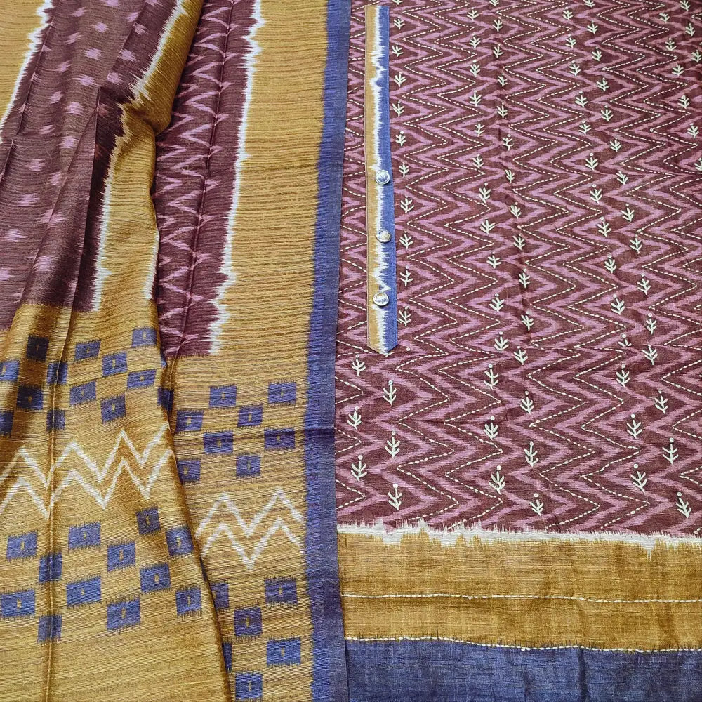 CODE FB252604: Dark beetroot purple base designer zigzag printed premium jute silk unstitched salwar material hand