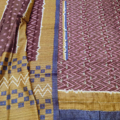 CODE FB252604: Dark beetroot purple base designer zigzag printed premium jute silk unstitched salwar material hand