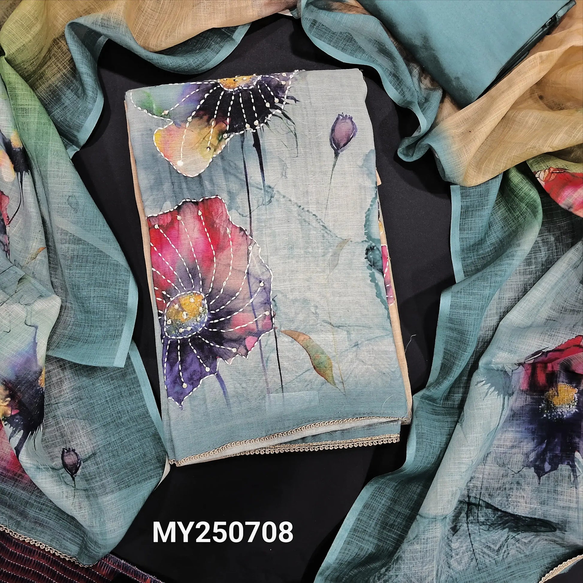 Beige blue digital printed semi linen salwar material my250708-Neidhal