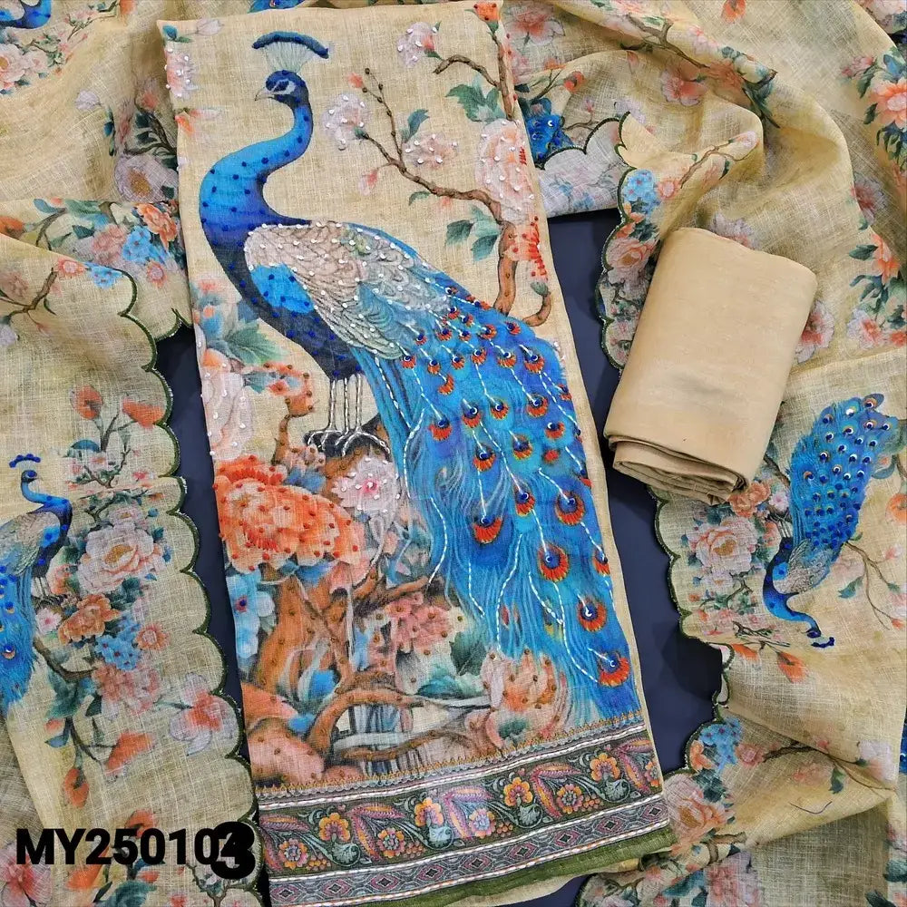 Beige digital peacock printed tissue linen salwar material my250103-Neidhal