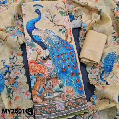 Beige digital peacock printed tissue linen salwar material my250103-Neidhal