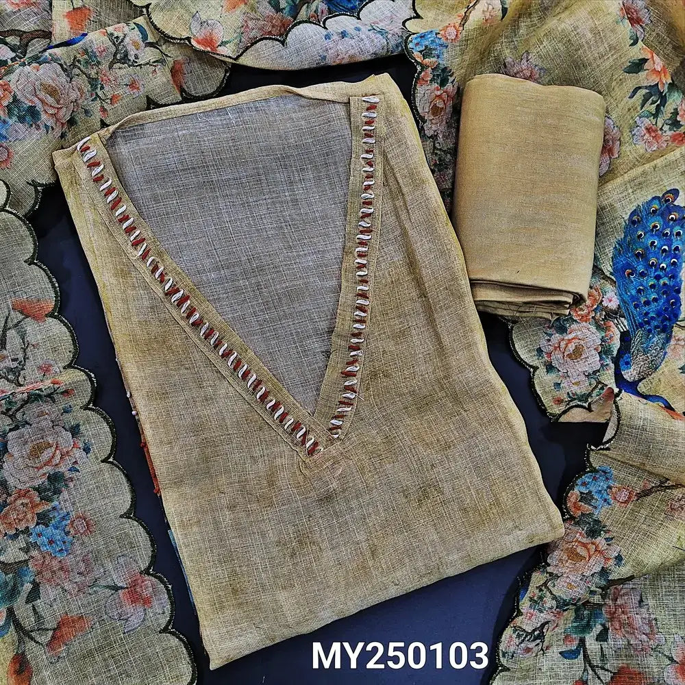 Beige digital peacock printed tissue linen salwar material my250103-Neidhal