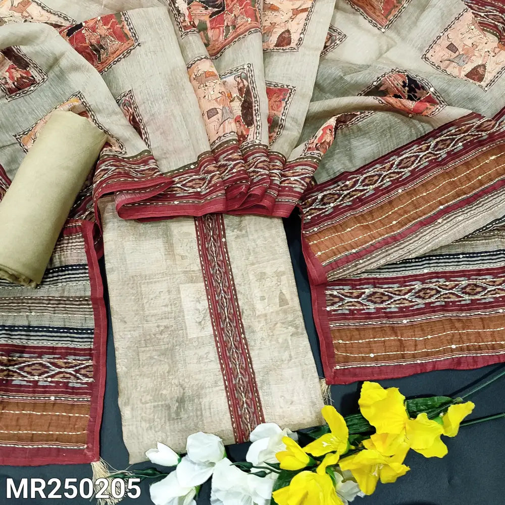 CODE MR250205: Dark beige digital printed silk cotton unstitched salwar material kantha stitch work on yoke(thin fabric