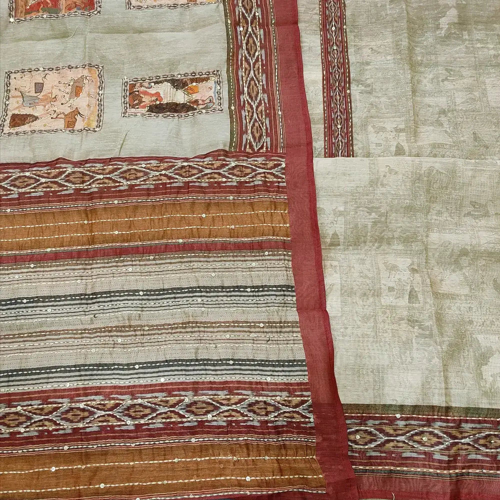 CODE MR250205: Dark beige digital printed silk cotton unstitched salwar material kantha stitch work on yoke(thin fabric