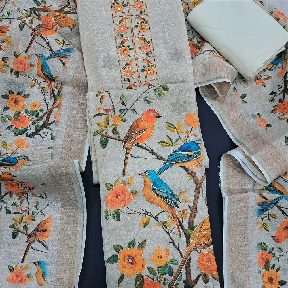 Beige digital printed tissue silk cotton salwar material my253002-Neidhal