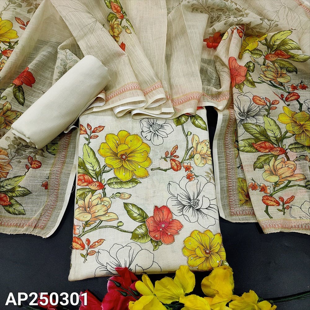 Beige floral printed semi linen salwar material ap250301-Neidhal