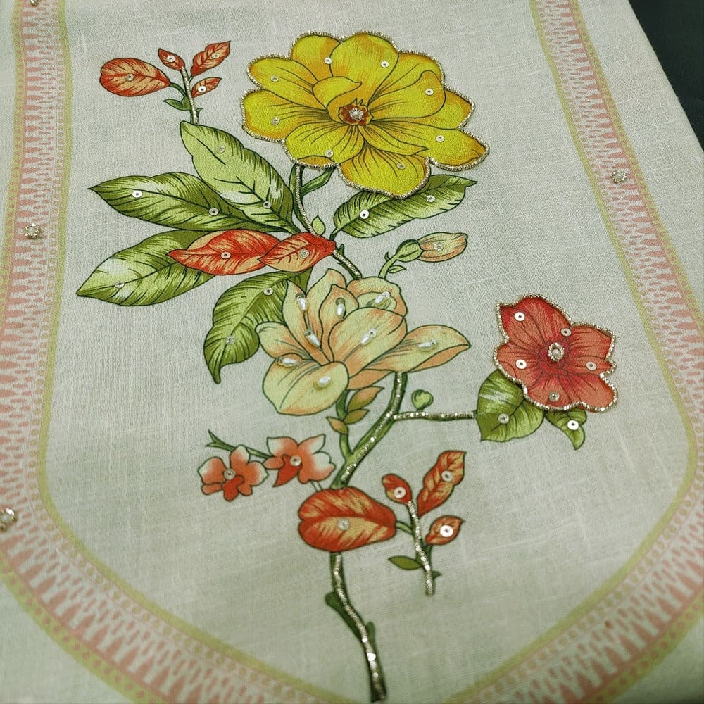 Beige floral printed semi linen salwar material ap250301-Neidhal