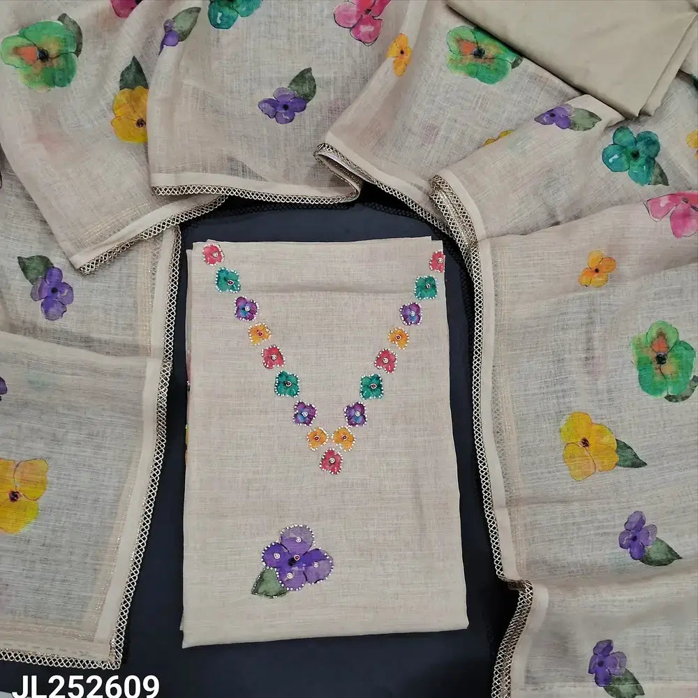 Beige floral printed semi linen salwar material jl252609-Neidhal