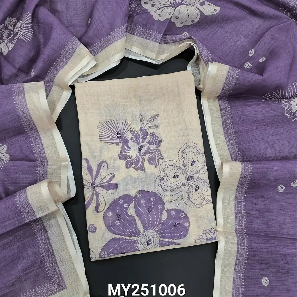 Beige floral printed semi linen salwar material my251006-Neidhal