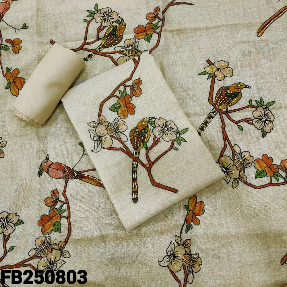 CODE FB250803: Rich beige with golden tint tissue linen unstitched salwar material v neck hand embroidered on yoke&