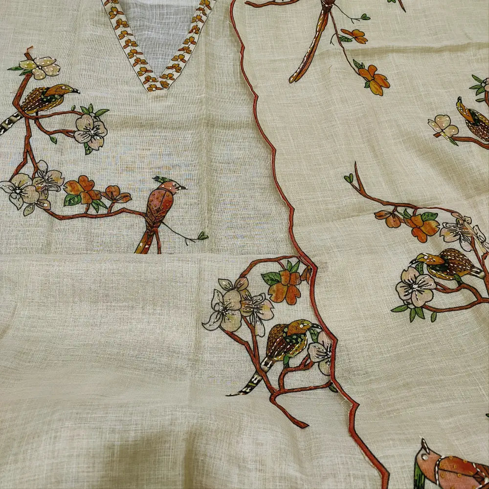 CODE FB250803: Rich beige with golden tint tissue linen unstitched salwar material v neck hand embroidered on yoke&