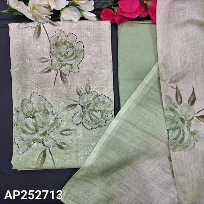 Beige green schiffli embroidered printed semi linen salwar material ap252713-Neidhal
