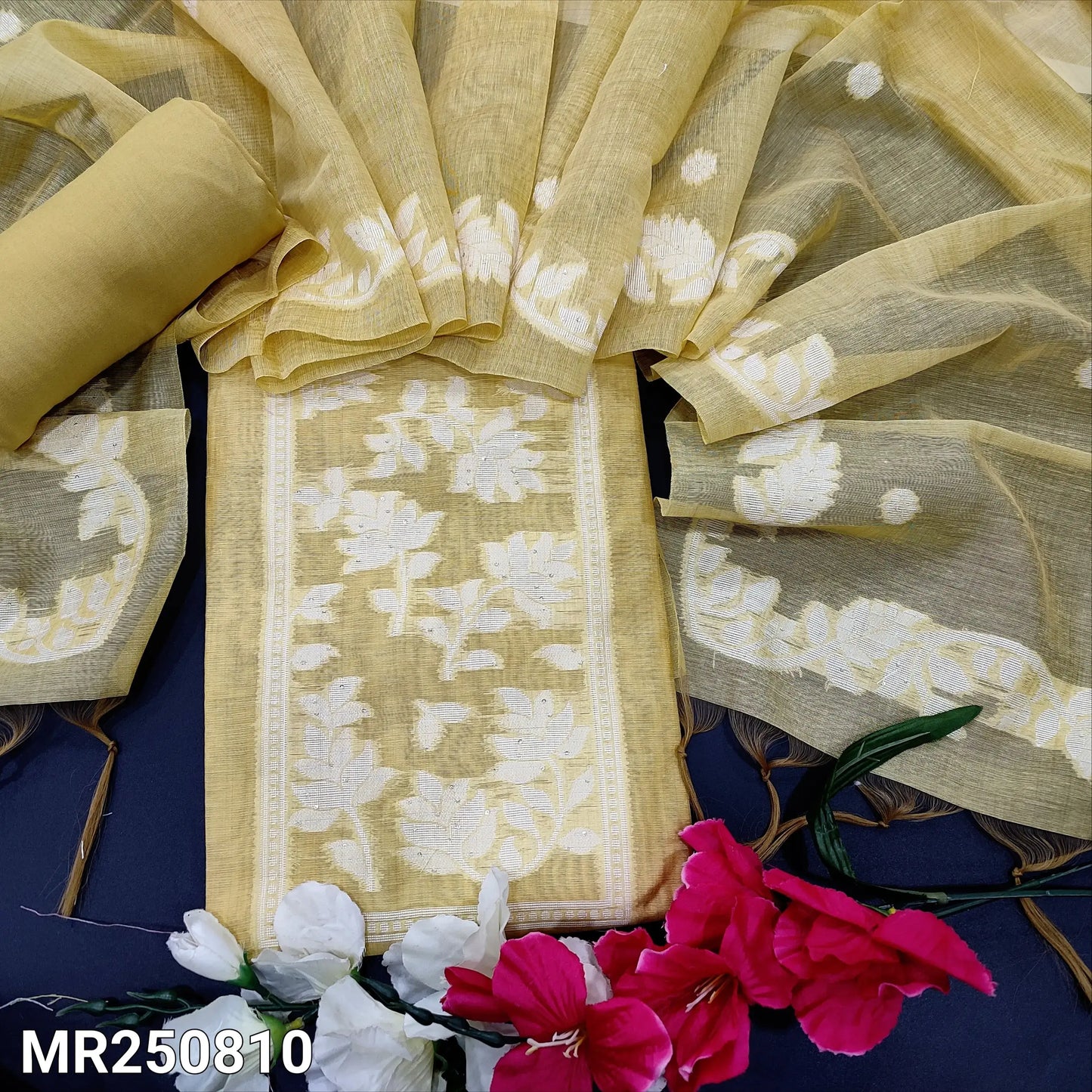 Beige jamdani woven silk cotton salwar material mr250810-Neidhal