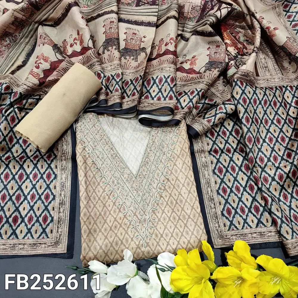CODE FB252611: Rich beige digital printed premium jute silk unstitched salwar material v neck with zari& sequins